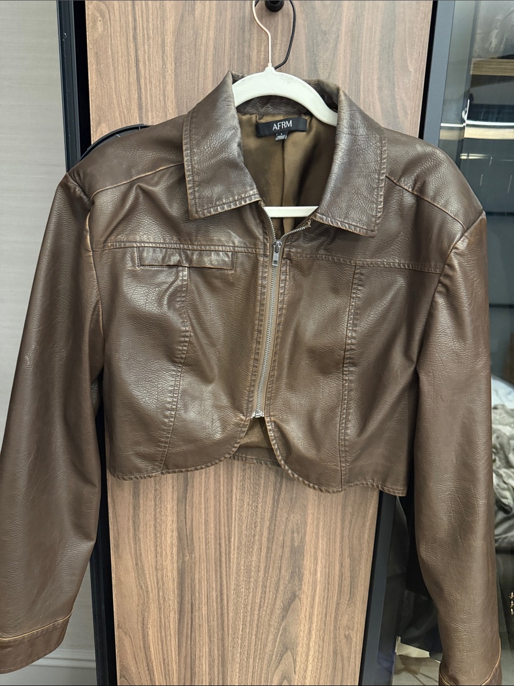 AFRM Women's Chocolate Brown Cropped Faux Leather Jacket